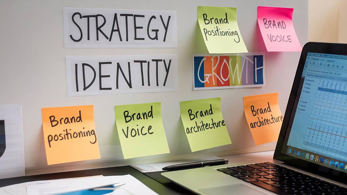Creative workspace with post-it notes on strategy and brand identity concepts.